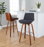 Corazza 30" Fixed-Height Barstool - Set of 2 - Walnut Wood, Charcoal Fabric, Chrome Metal