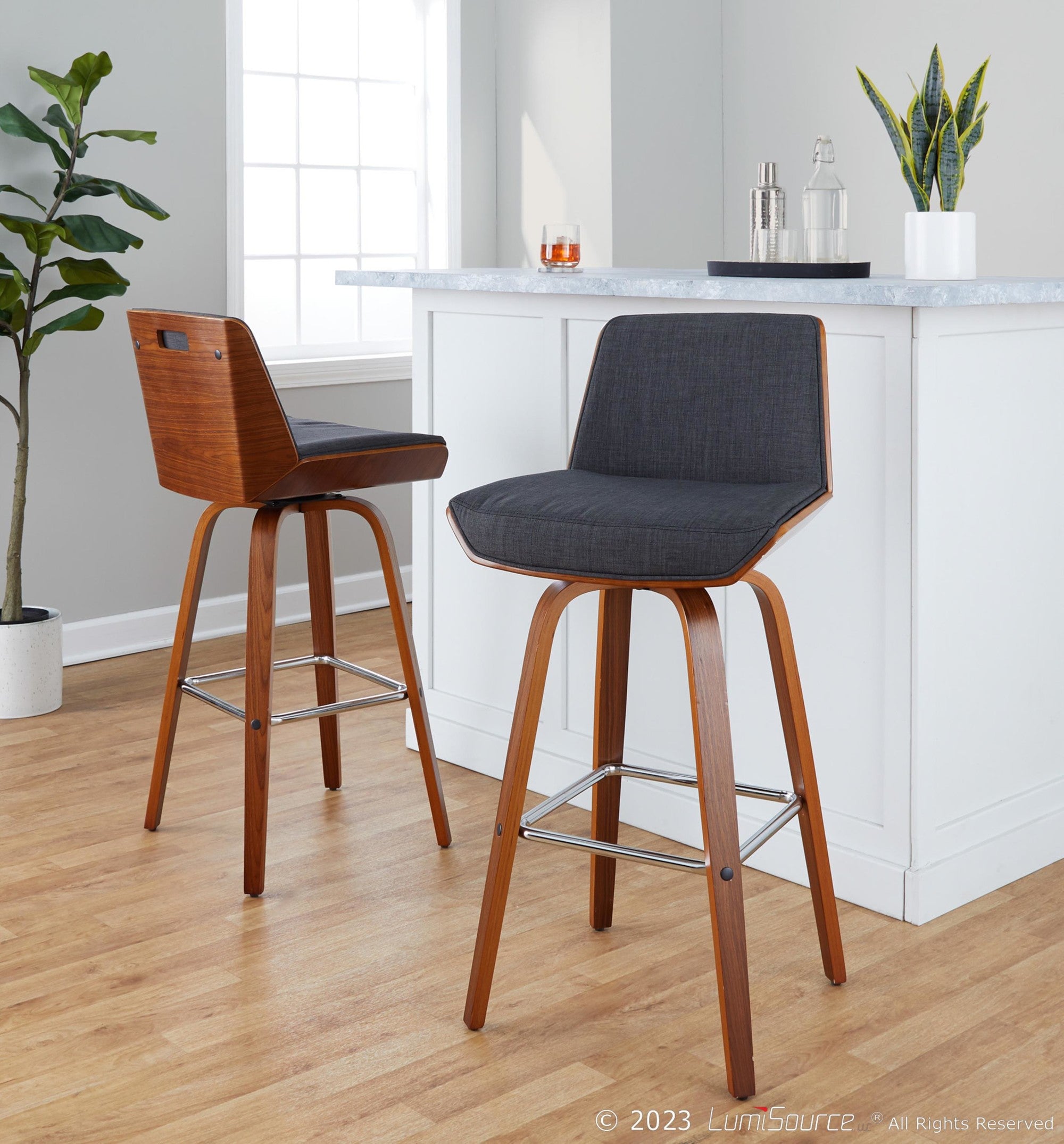 Corazza 30" Fixed-Height Barstool - Set of 2 - Walnut Wood, Charcoal Fabric, Chrome Metal