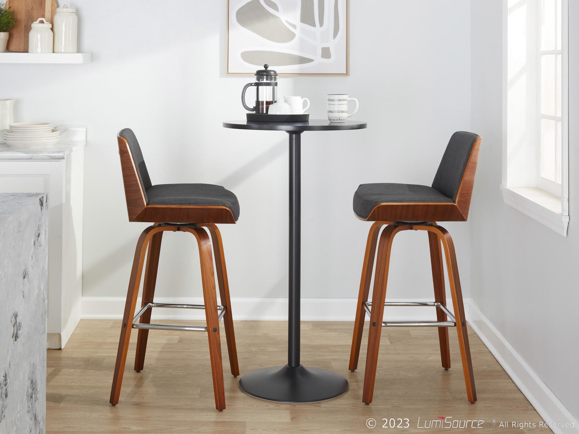 Corazza 30" Fixed-Height Barstool - Set of 2 - Walnut Wood, Charcoal Fabric, Chrome Metal