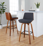 Corazza 30" Fixed-Height Barstool - Set of 2 - Walnut Wood, Charcoal Fabric, Black Metal