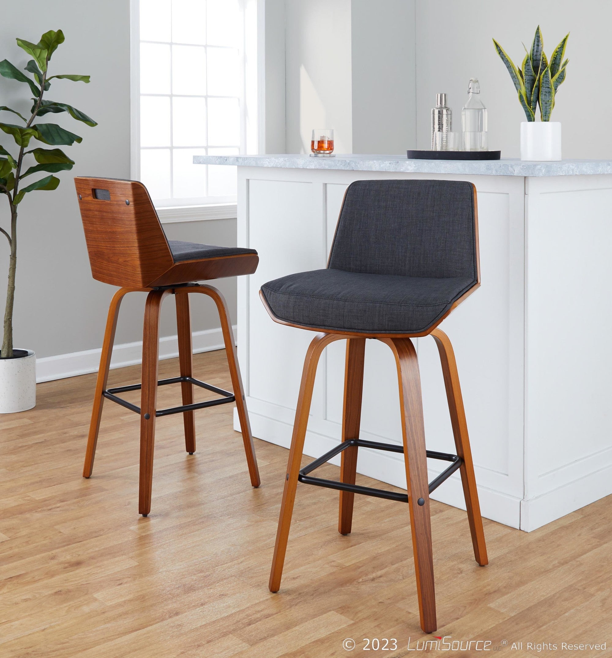 Corazza 30" Fixed-Height Barstool - Set of 2 - Walnut Wood, Charcoal Fabric, Black Metal
