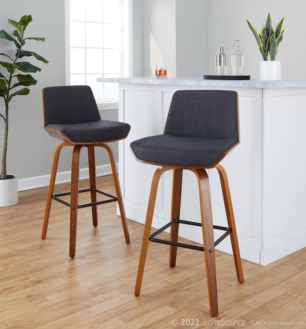 Corazza 30" Fixed-Height Barstool - Set of 2 - Walnut Wood, Charcoal Fabric, Black Metal
