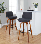 Corazza 30" Fixed-Height Barstool - Set of 2 - Walnut Wood, Charcoal Fabric, Black Metal