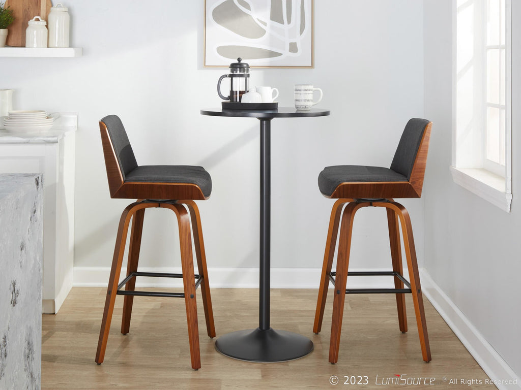 Corazza 30" Fixed-Height Barstool - Set of 2 - Walnut Wood, Charcoal Fabric, Black Metal