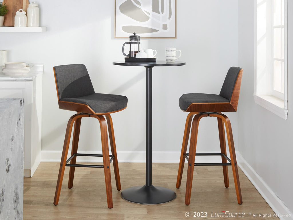 Corazza 30" Fixed-Height Barstool - Set of 2 - Walnut Wood, Charcoal Fabric, Black Metal