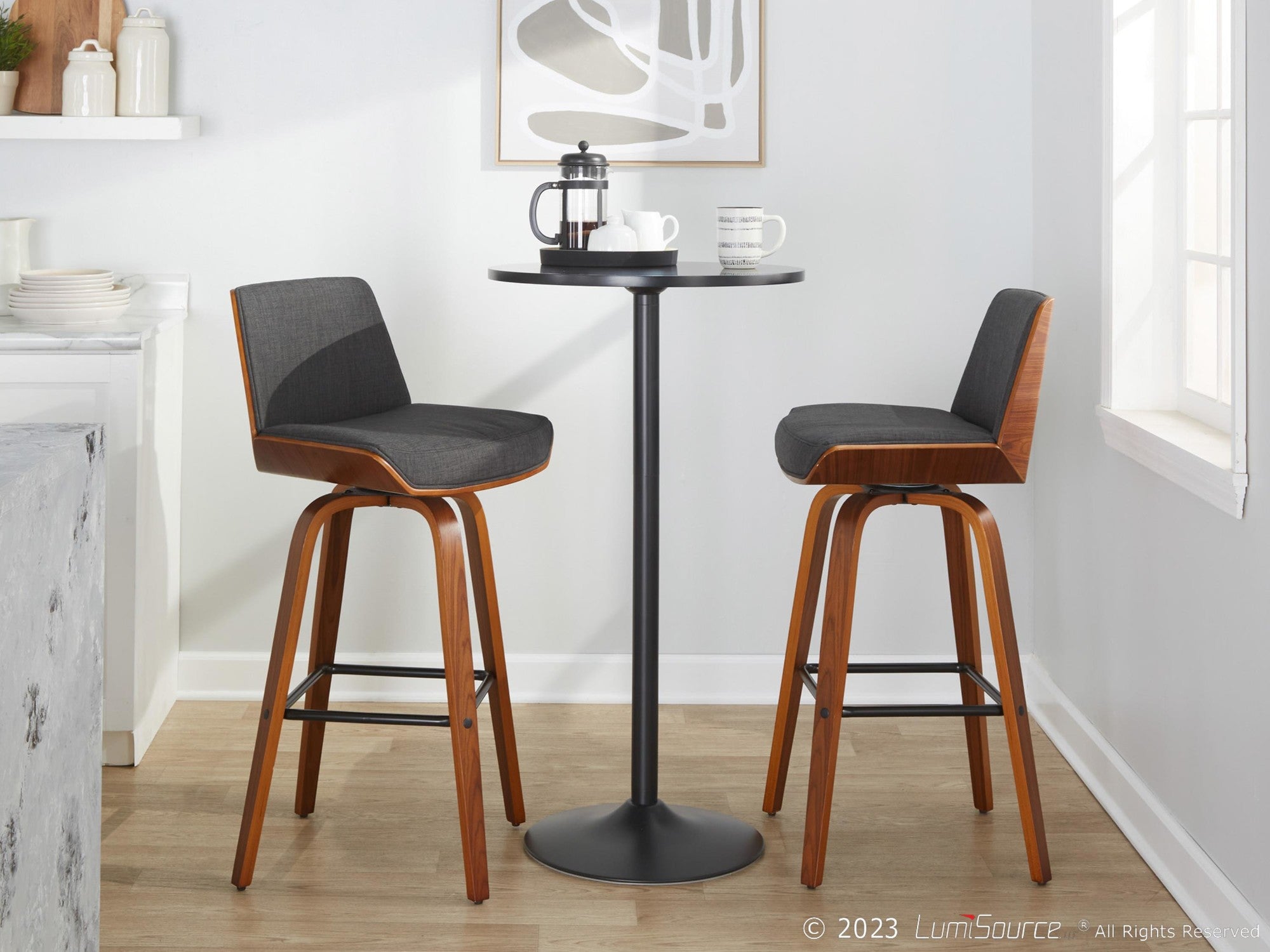 Corazza 30" Fixed-Height Barstool - Set of 2 - Walnut Wood, Charcoal Fabric, Black Metal