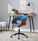 Vintage Mod Office Chair - Black Metal, Walnut Wood, Blue Fabric