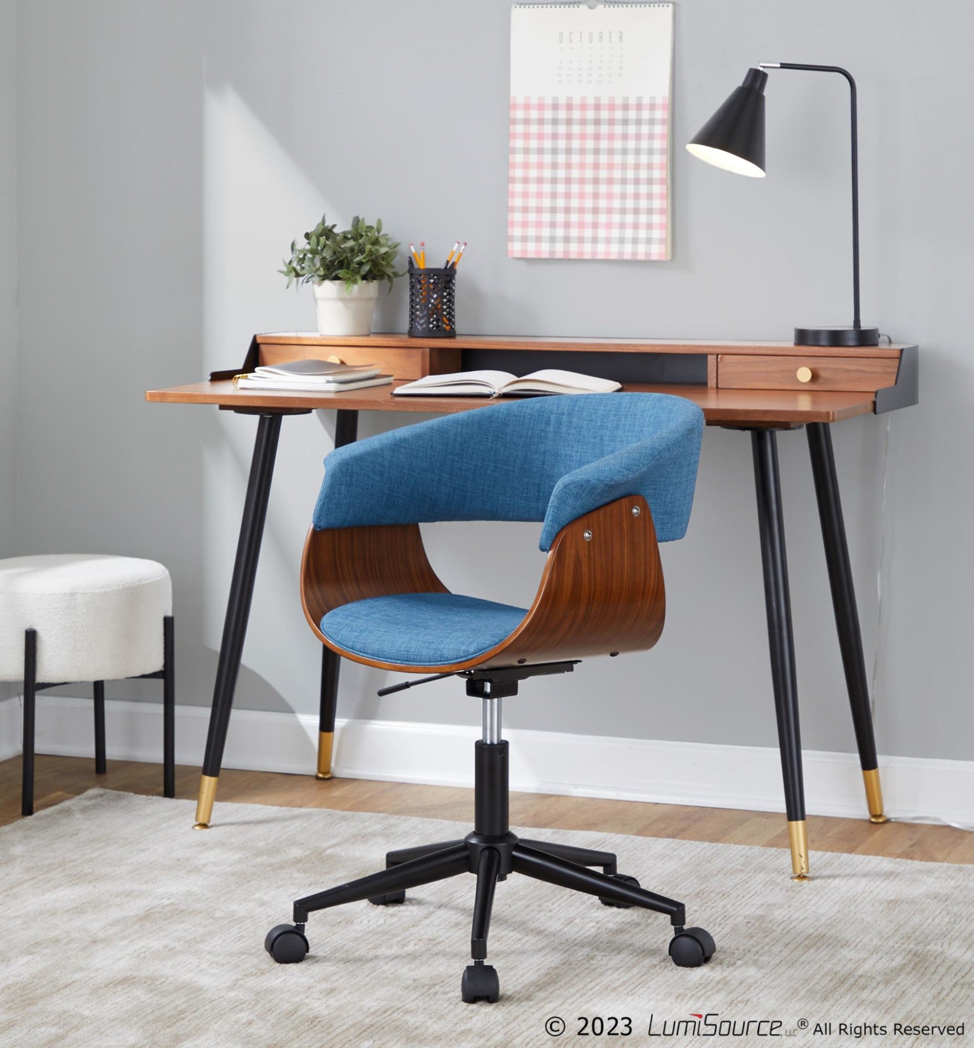 Vintage Mod Office Chair - Black Metal, Walnut Wood, Blue Fabric