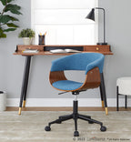 Vintage Mod Office Chair - Black Metal, Walnut Wood, Blue Fabric