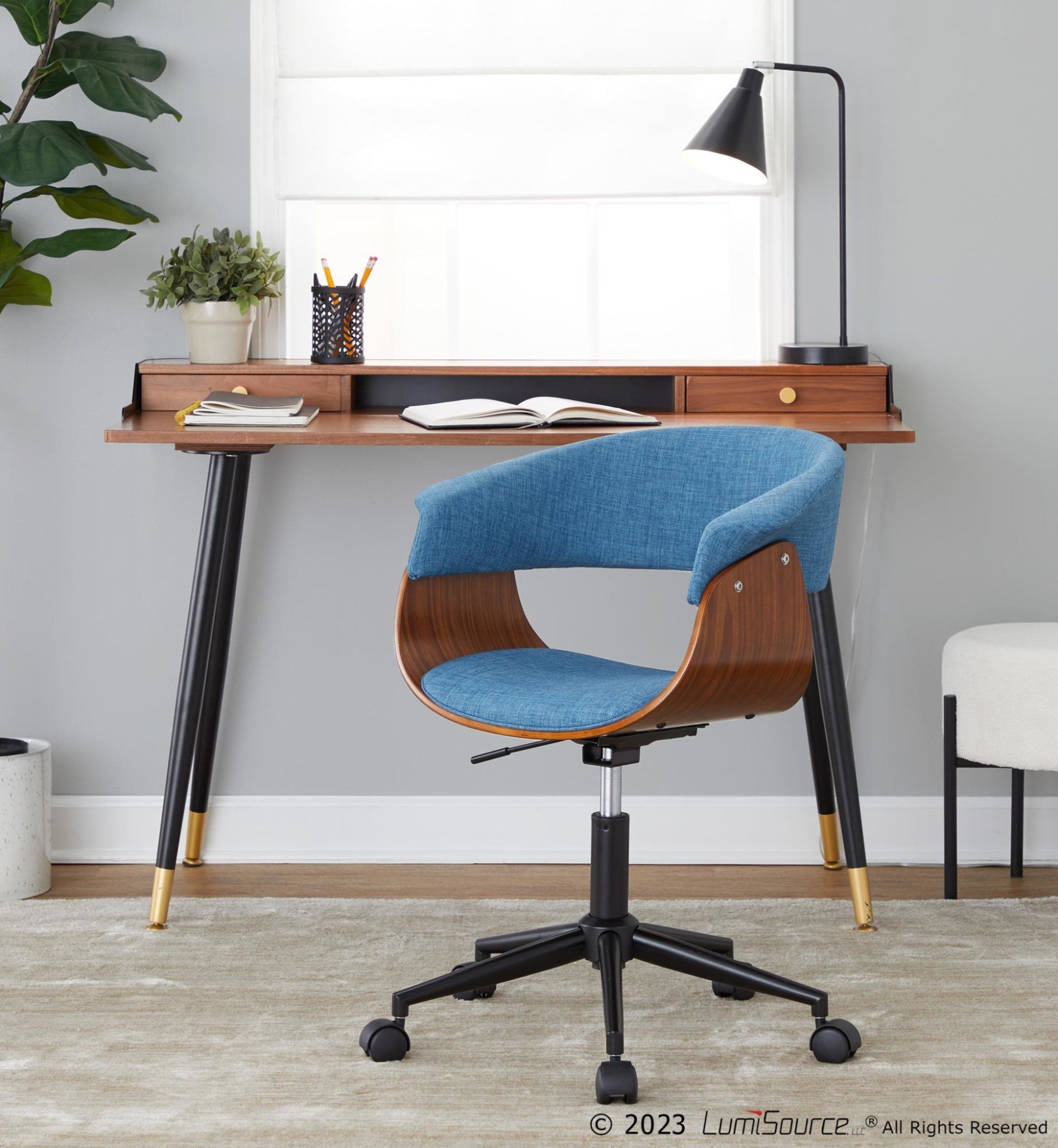Vintage Mod Office Chair - Black Metal, Walnut Wood, Blue Fabric