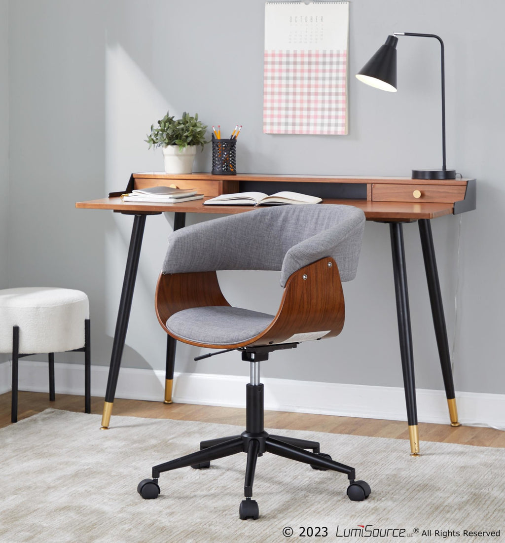 Vintage Mod Office Chair - Black Metal, Walnut Wood, Light Grey Fabric