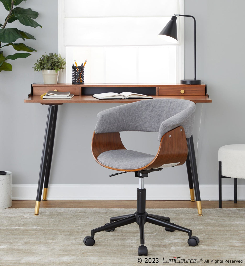 Vintage Mod Office Chair - Black Metal, Walnut Wood, Light Grey Fabric