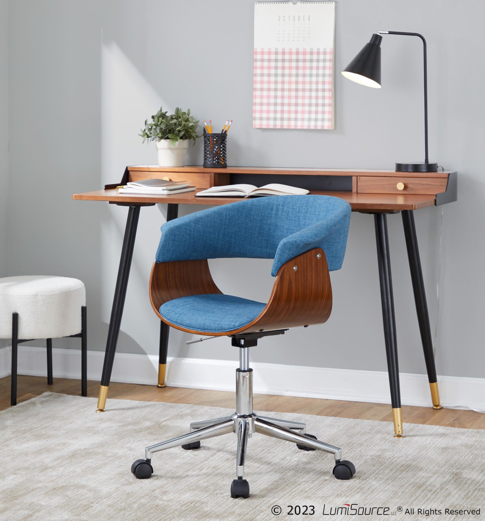 Vintage Mod Office Chair - Chrome Metal, Walnut Wood, Blue Fabric