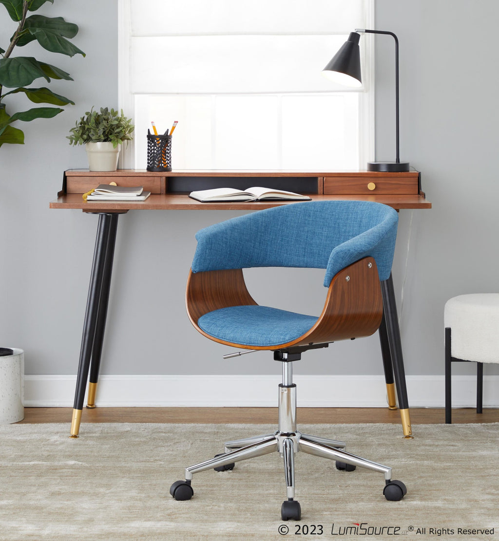 Vintage Mod Office Chair - Chrome Metal, Walnut Wood, Blue Fabric