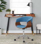 Vintage Mod Office Chair - Chrome Metal, Walnut Wood, Blue Fabric