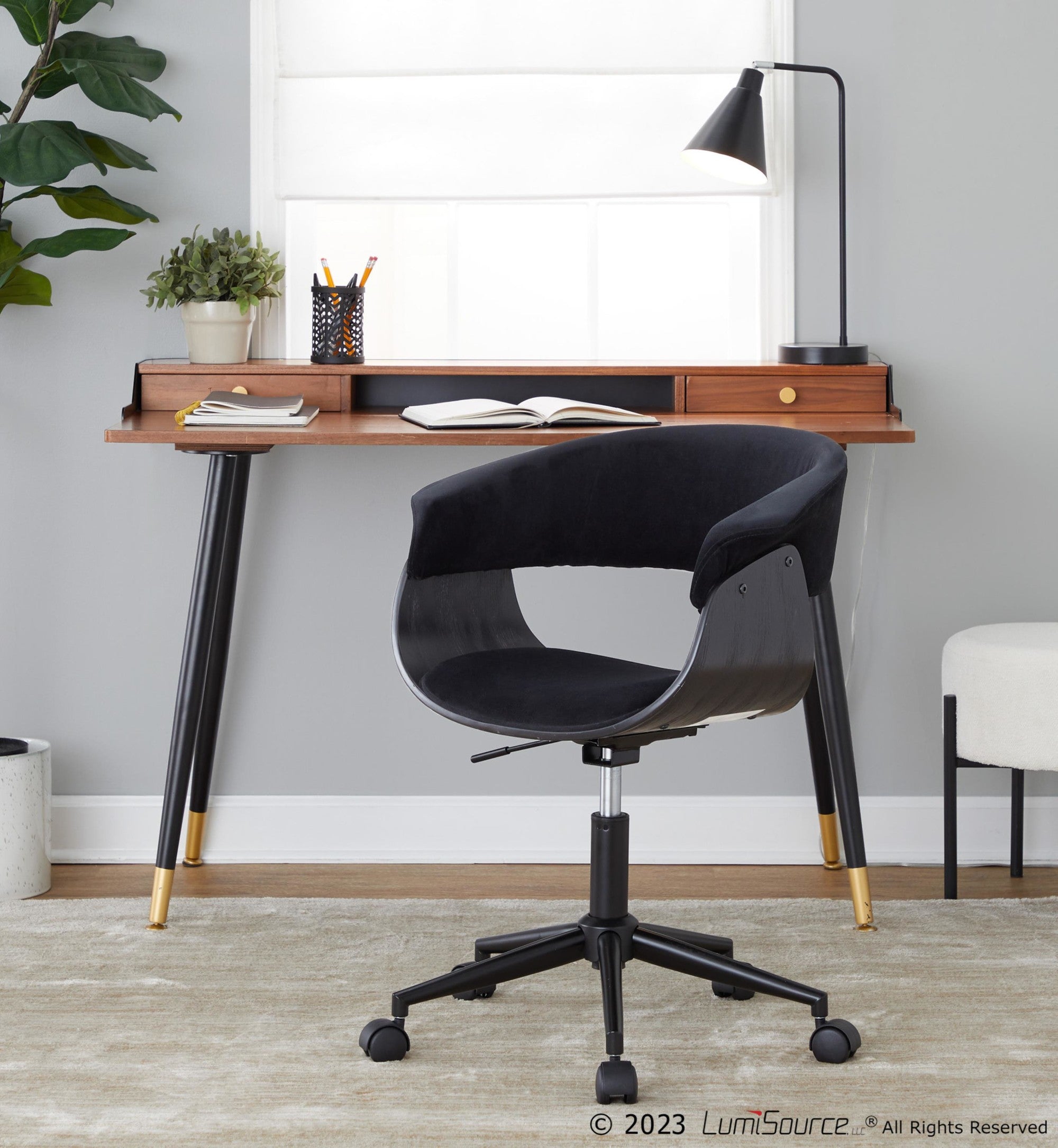 Vintage Mod Office Chair - Black Metal, Black Wood, Black Velvet