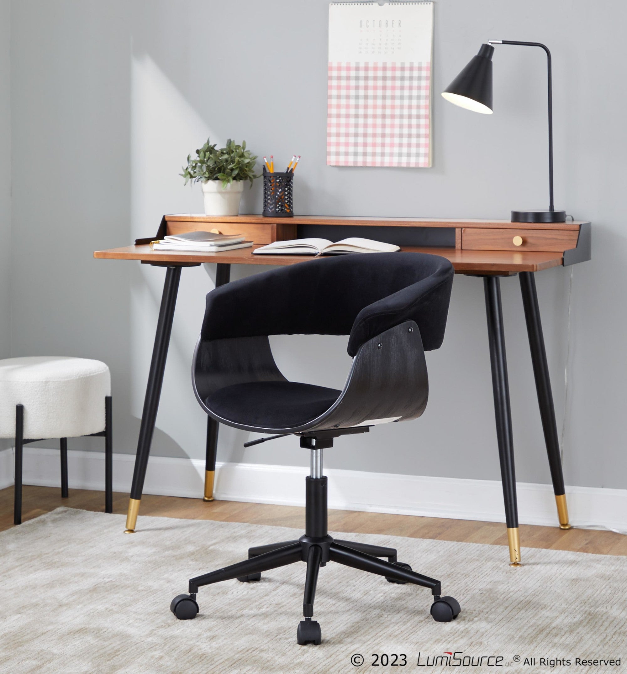 Vintage Mod Office Chair - Black Metal, Black Wood, Black Velvet