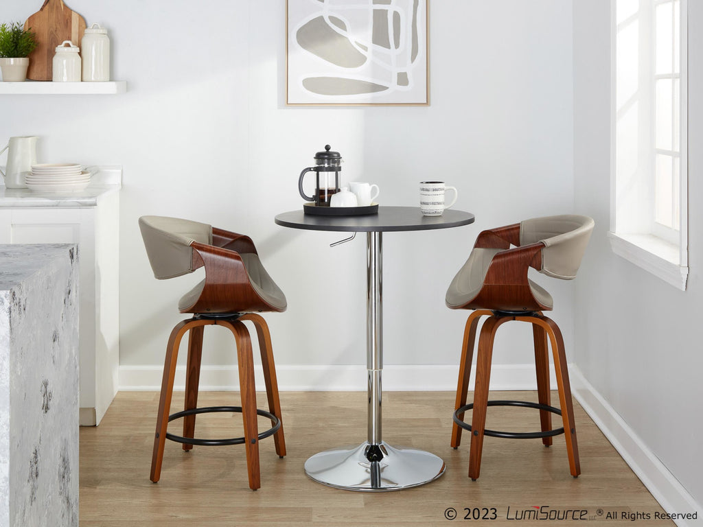 Symphony 24" Fixed-Height Counter Stool - Set of 2 - Walnut Wood, Pewter Grey PU, Black Metal