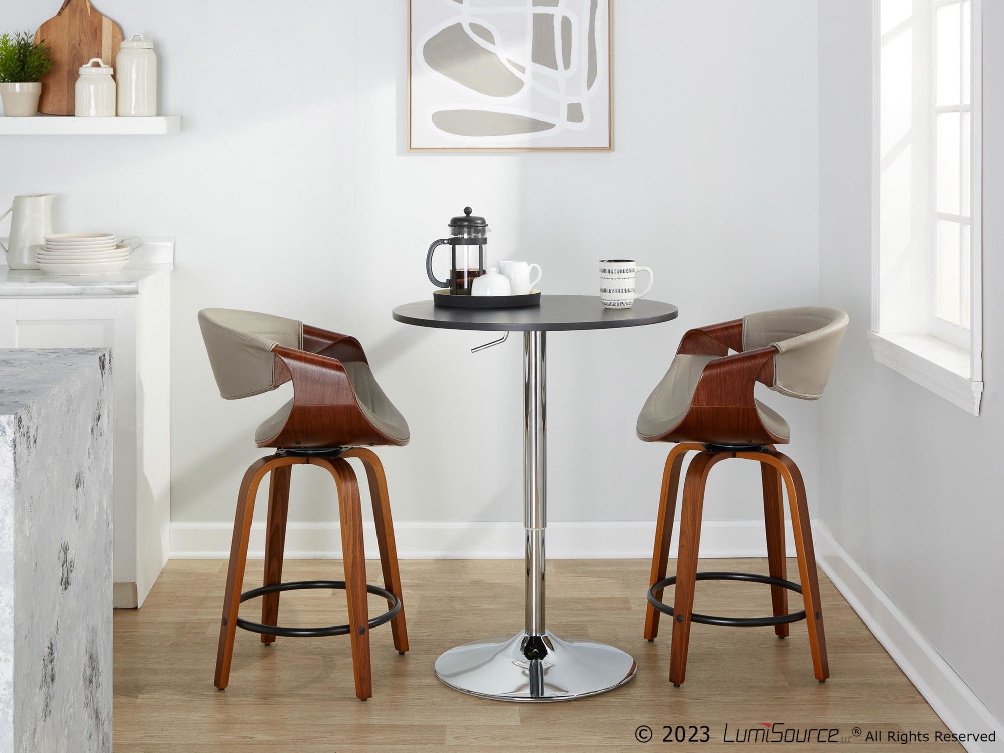 Symphony 24" Fixed-Height Counter Stool - Set of 2 - Walnut Wood, Pewter Grey PU, Black Metal
