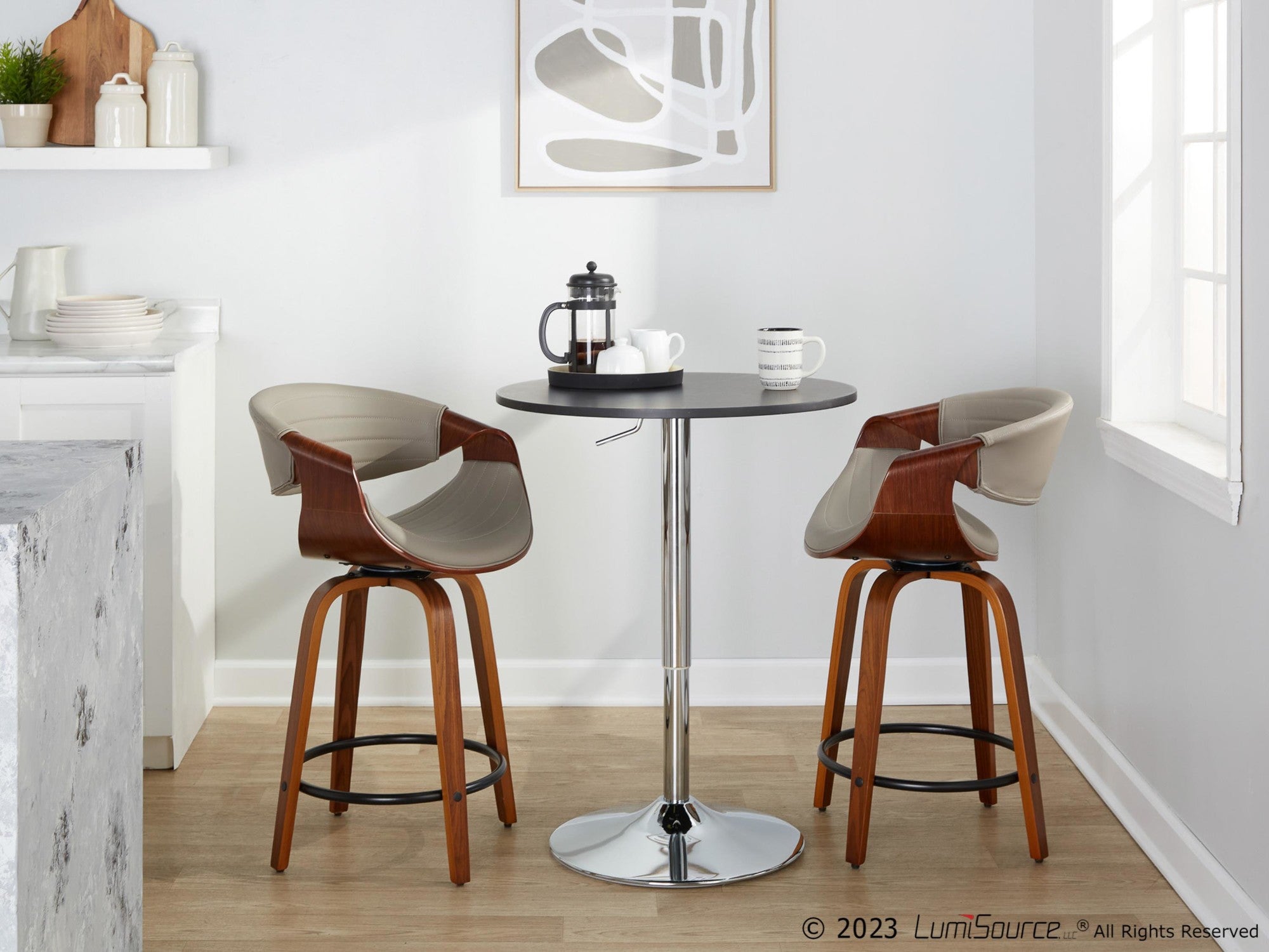 Symphony 24" Fixed-Height Counter Stool - Set of 2 - Walnut Wood, Pewter Grey PU, Black Metal