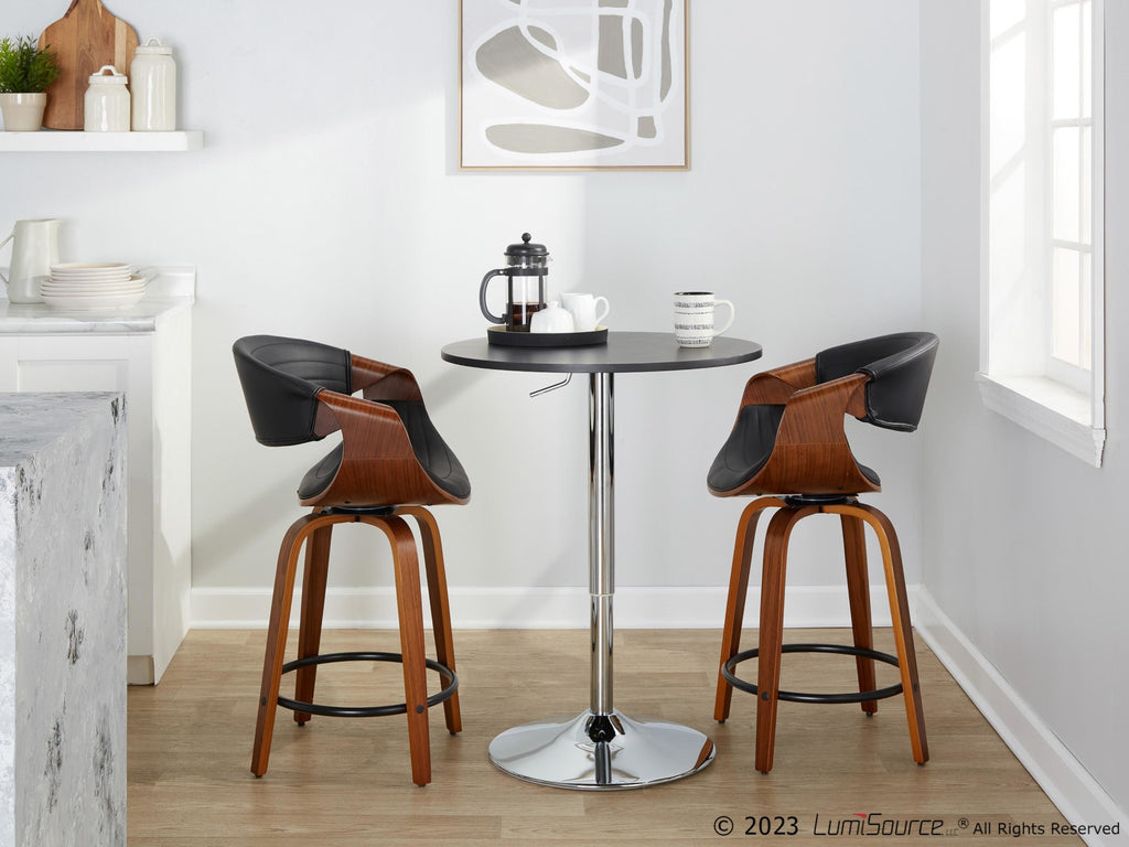 Symphony 24" Fixed-Height Counter Stool - Set of 2 - Walnut Wood, Black PU, Black Metal