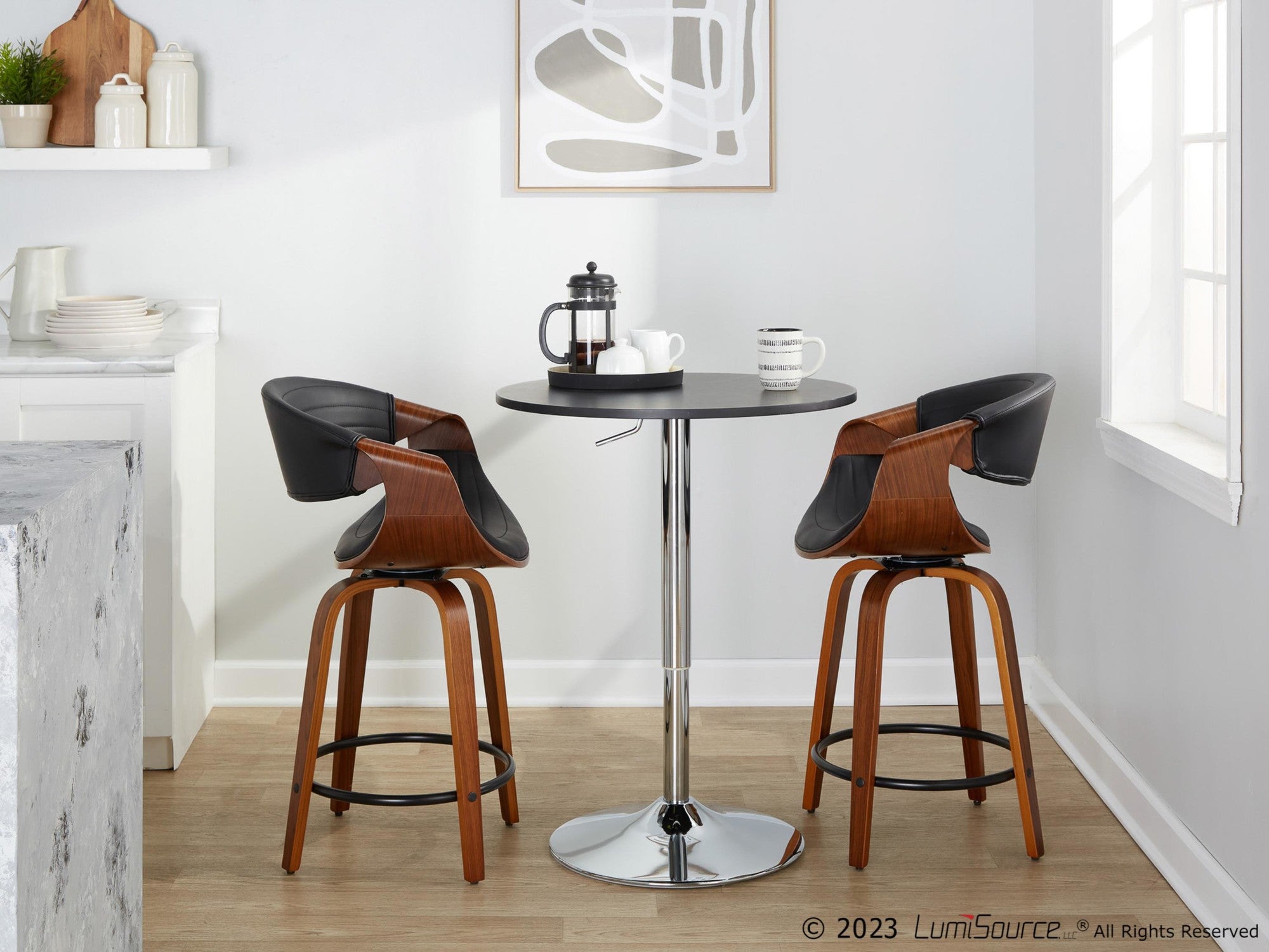 Symphony 24" Fixed-Height Counter Stool - Set of 2 - Walnut Wood, Black PU, Black Metal