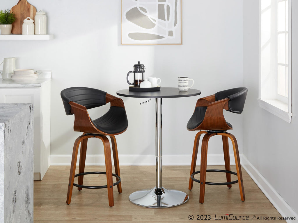 Symphony 24" Fixed-Height Counter Stool - Set of 2 - Walnut Wood, Black PU, Black Metal