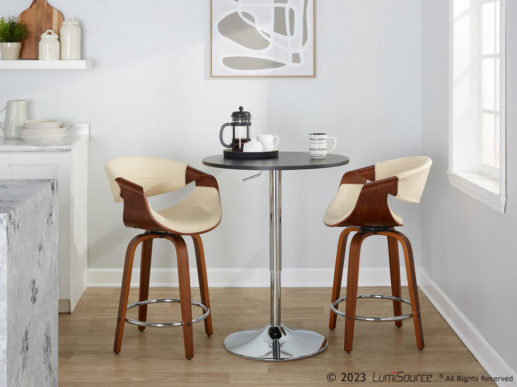Symphony 24" Fixed-Height Counter Stool - Set of 2 - Walnut Wood, Cream PU, Chrome Metal