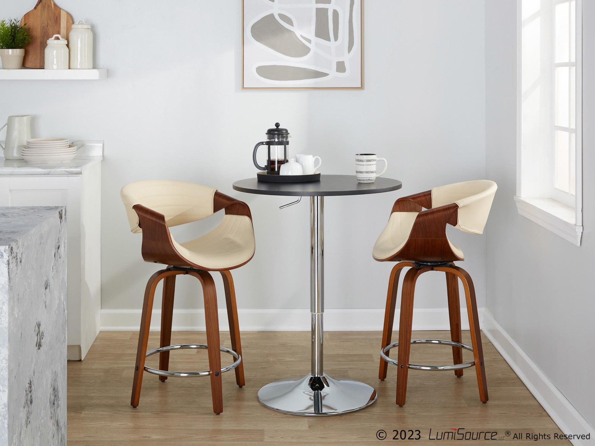 Symphony 24" Fixed-Height Counter Stool - Set of 2 - Walnut Wood, Cream PU, Chrome Metal