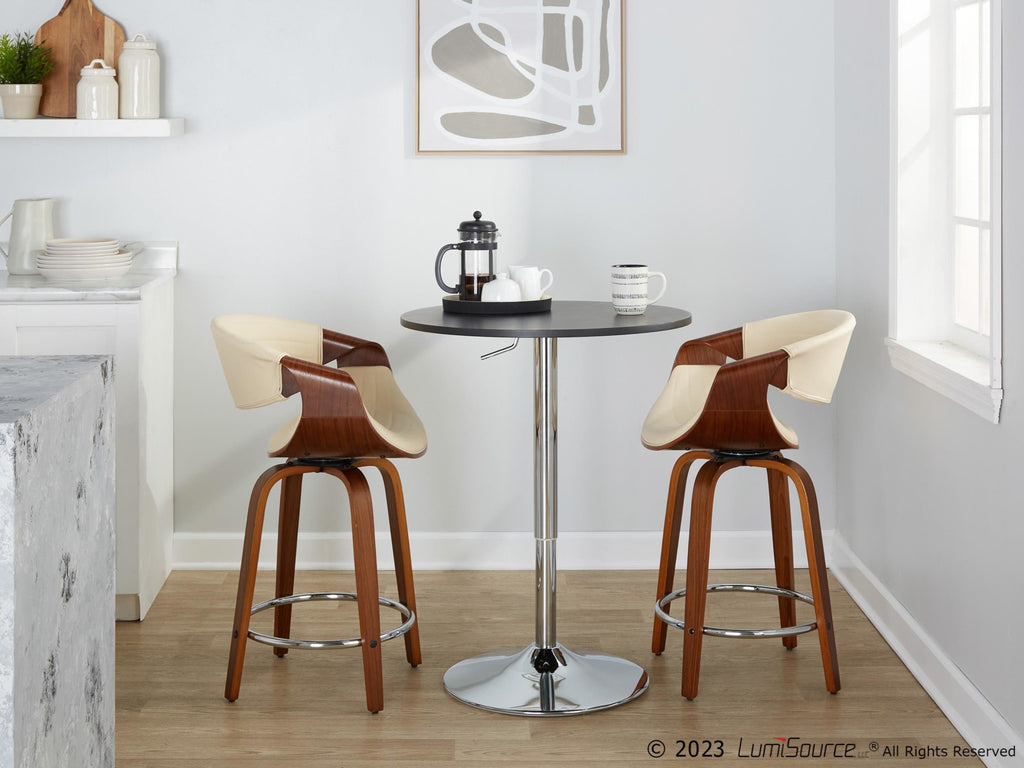 Symphony 24" Fixed-Height Counter Stool - Set of 2 - Walnut Wood, Cream PU, Chrome Metal