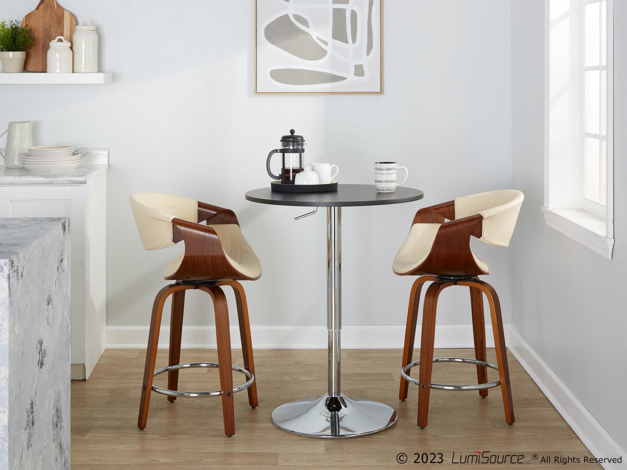 Symphony 24" Fixed-Height Counter Stool - Set of 2 - Walnut Wood, Cream PU, Chrome Metal