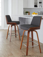 Corazza 26" Fixed-Height Counter Stool - Set of 2 - Walnut Wood, Charcoal Fabric, Chrome Metal