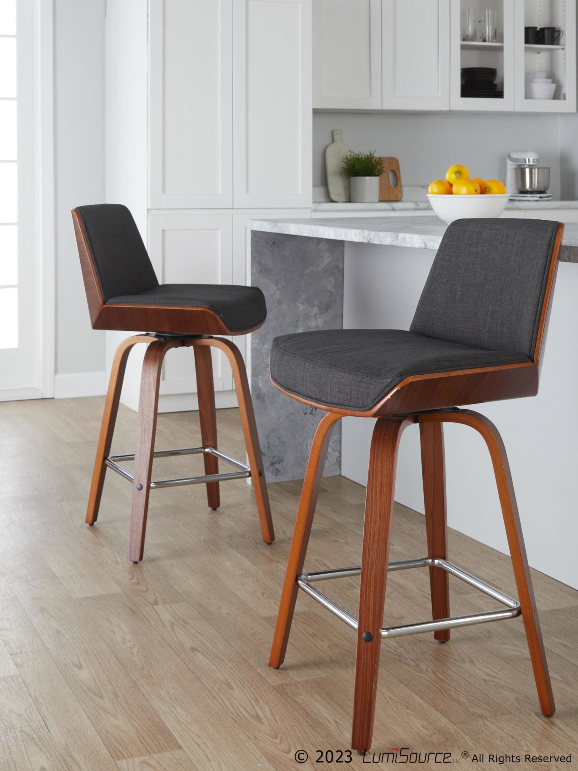 Corazza 26" Fixed-Height Counter Stool - Set of 2 - Walnut Wood, Charcoal Fabric, Chrome Metal