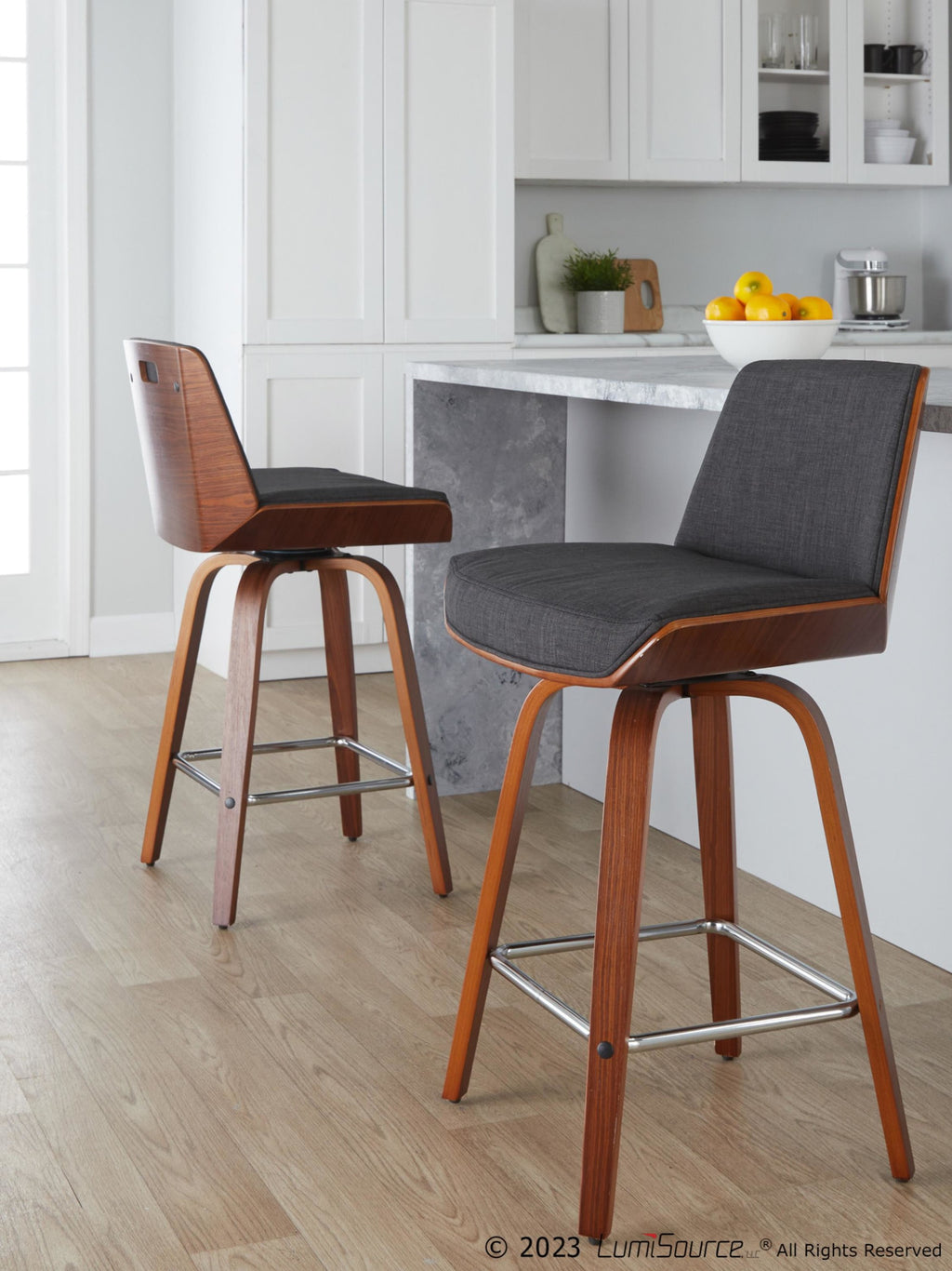 Corazza 26" Fixed-Height Counter Stool - Set of 2 - Walnut Wood, Charcoal Fabric, Chrome Metal