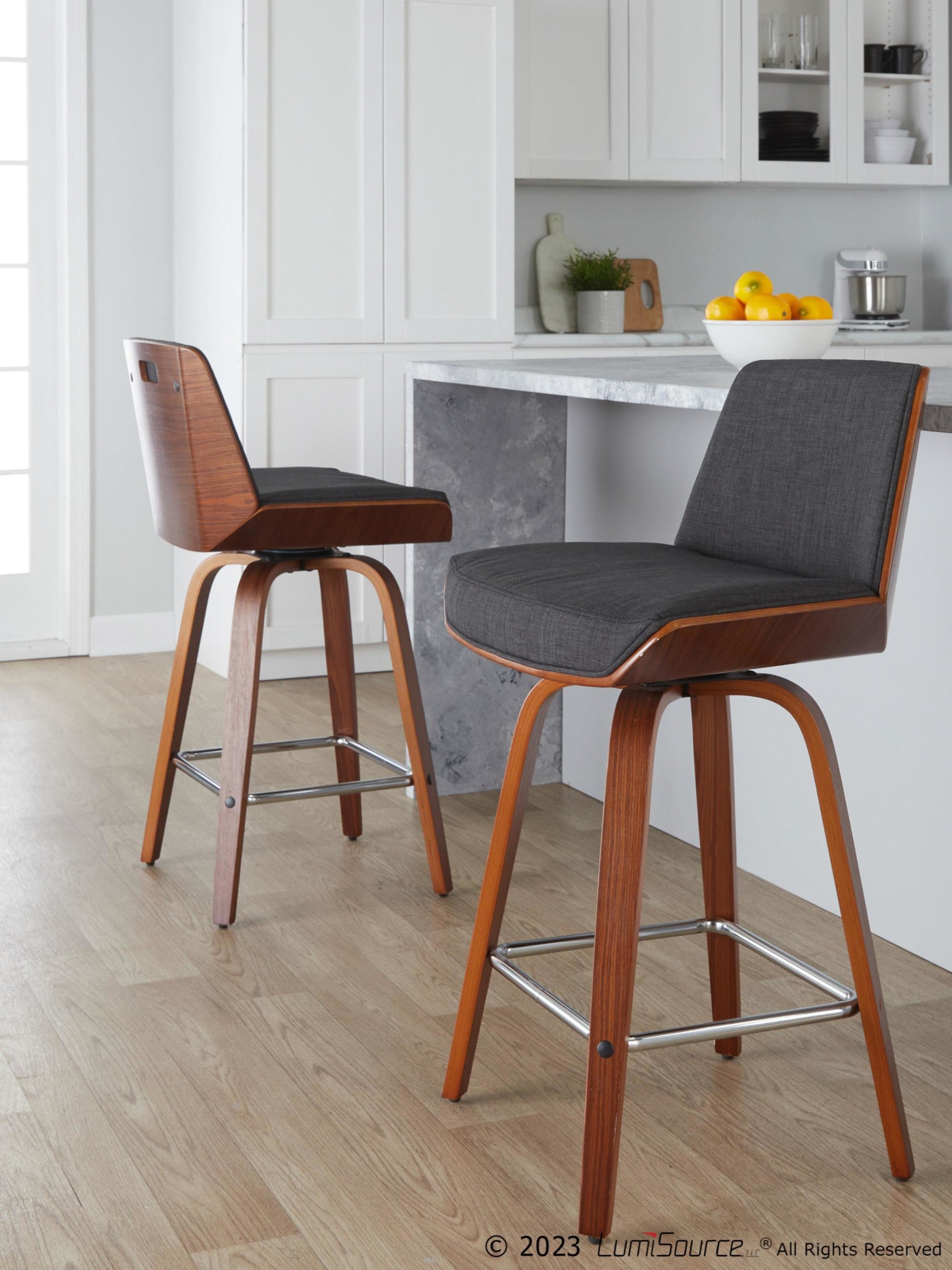 Corazza 26" Fixed-Height Counter Stool - Set of 2 - Walnut Wood, Charcoal Fabric, Chrome Metal