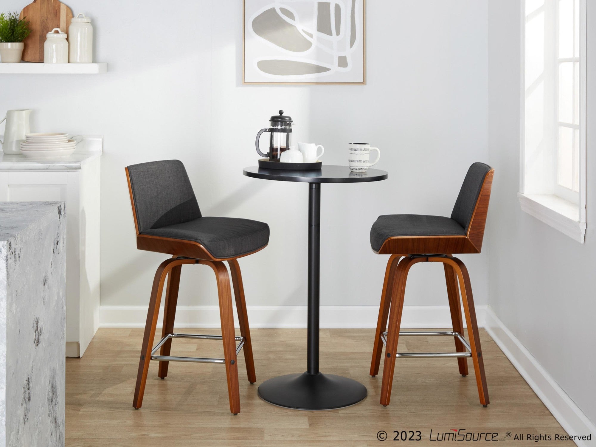 Corazza 26" Fixed-Height Counter Stool - Set of 2 - Walnut Wood, Charcoal Fabric, Chrome Metal