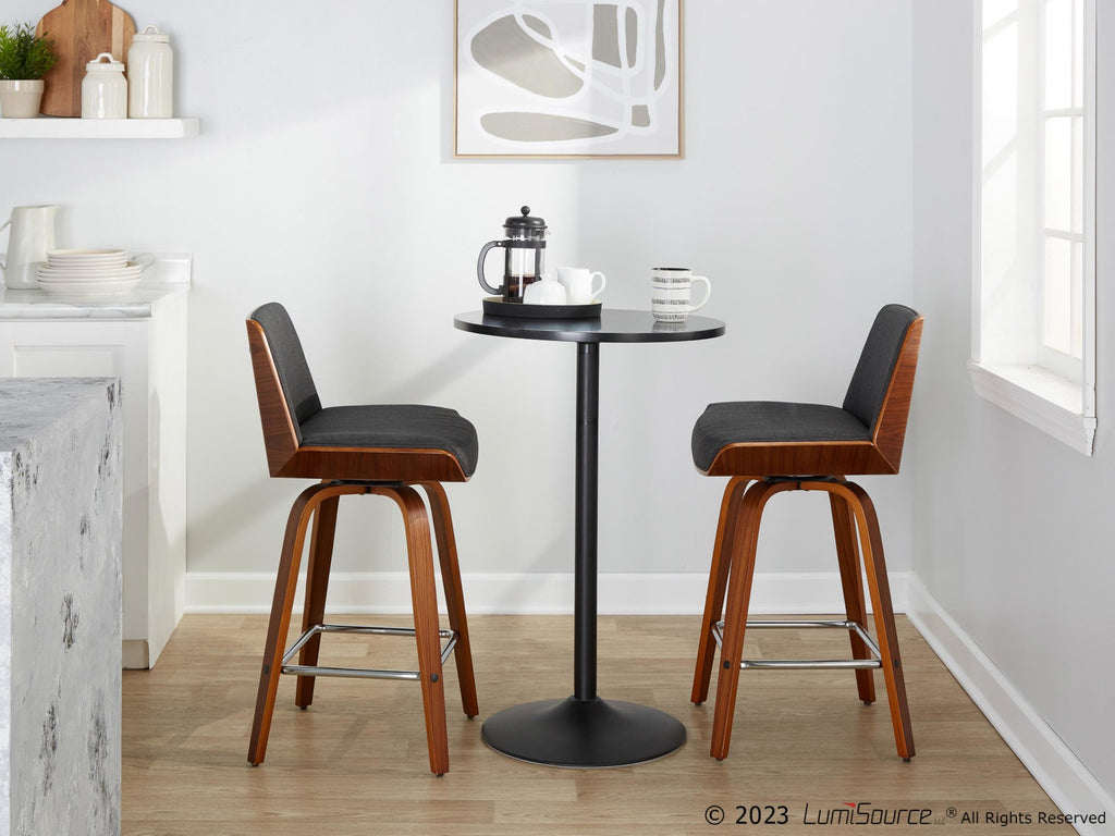 Corazza 26" Fixed-Height Counter Stool - Set of 2 - Walnut Wood, Charcoal Fabric, Chrome Metal