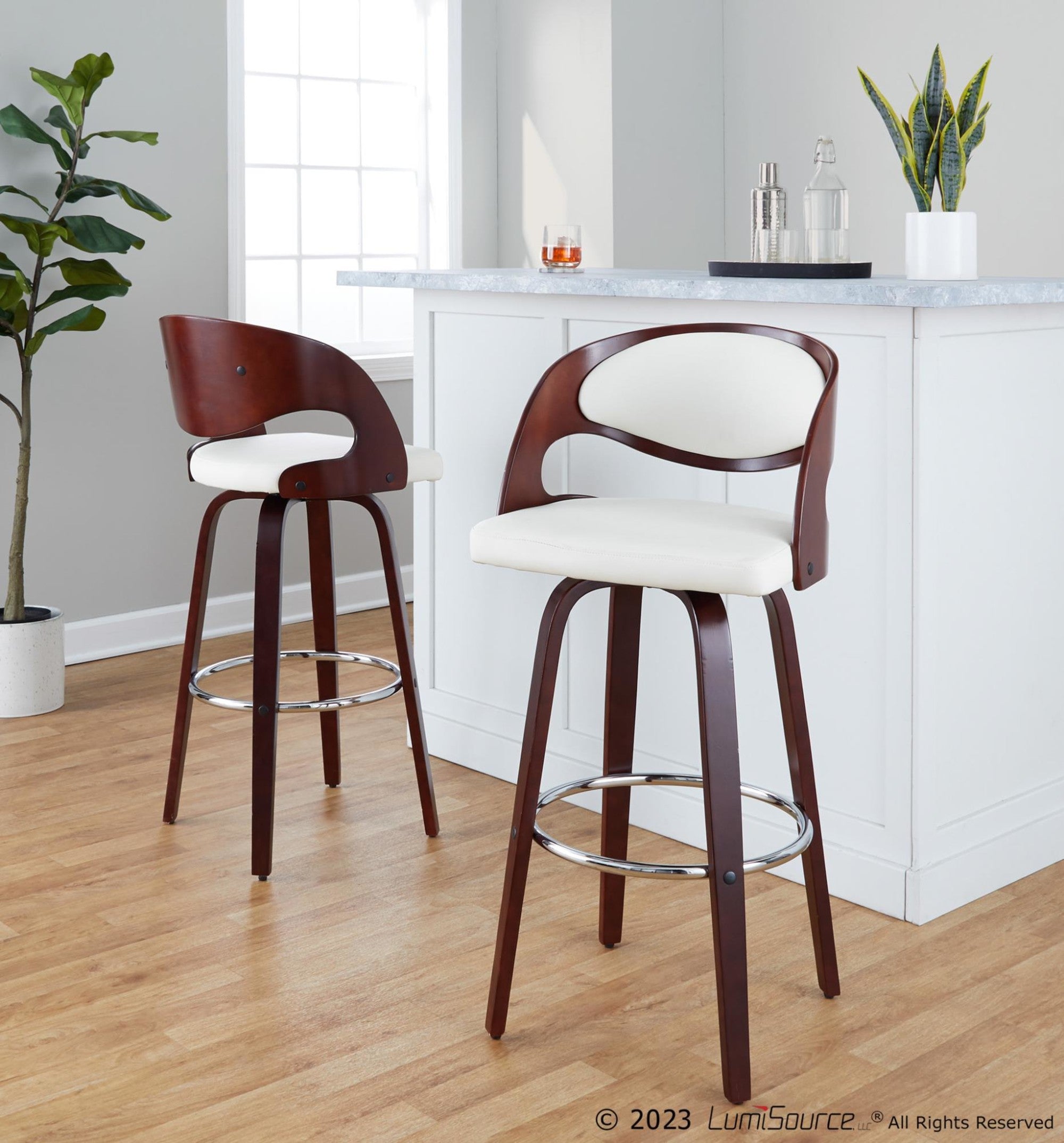 Pino 30" Fixed-Height Barstool - Set of 2 - Mahogany Wood, White PU, Chrome Metal