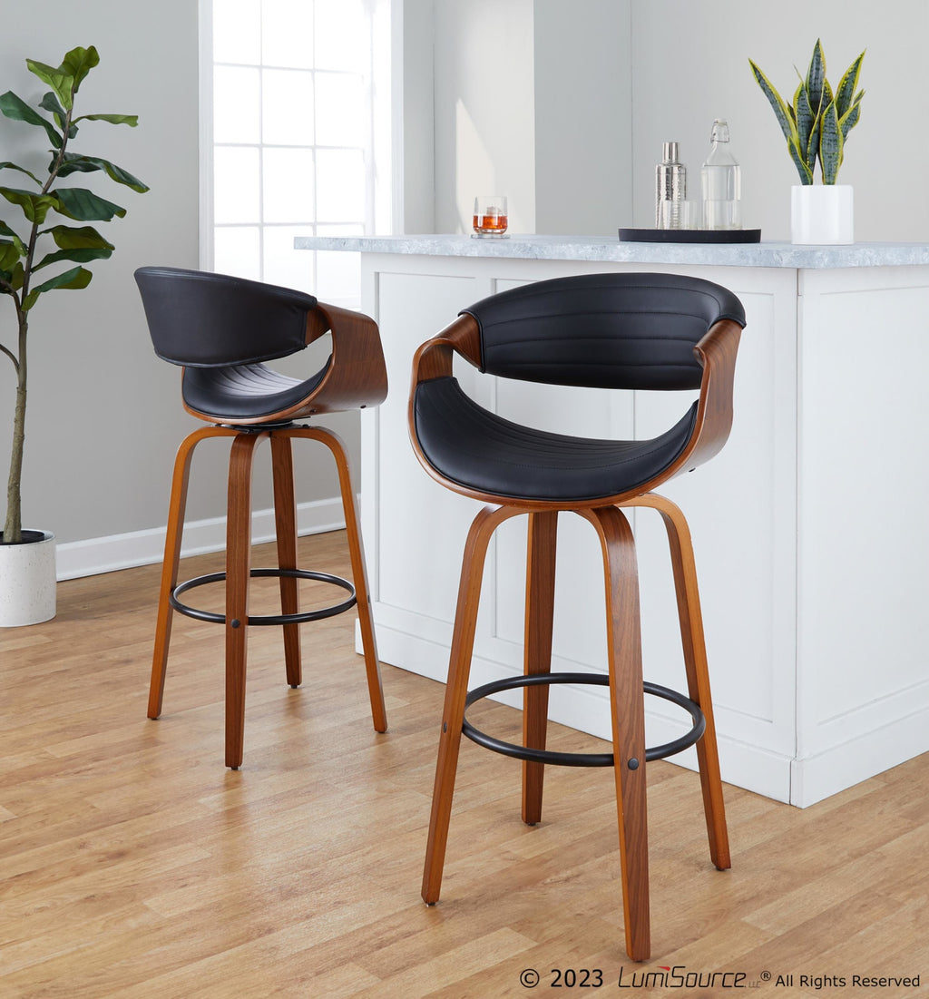 Symphony 30" Fixed-Height Barstool - Set of 2 - Black Metal, Walnut Wood, Black PU