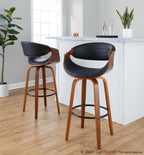 Symphony 30" Fixed-Height Barstool - Set of 2 - Black Metal, Walnut Wood, Black PU