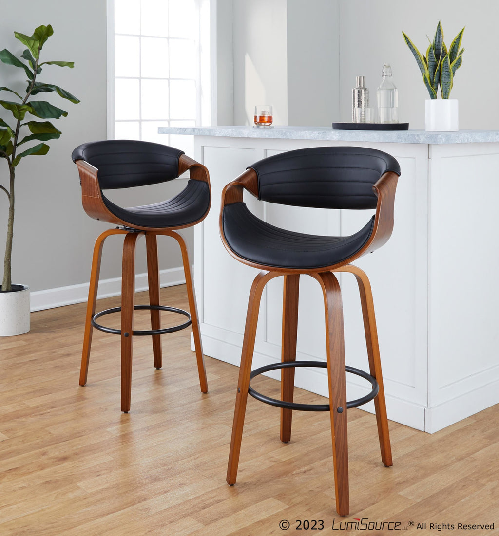 Symphony 30" Fixed-Height Barstool - Set of 2 - Black Metal, Walnut Wood, Black PU