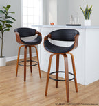 Symphony 30" Fixed-Height Barstool - Set of 2 - Black Metal, Walnut Wood, Black PU