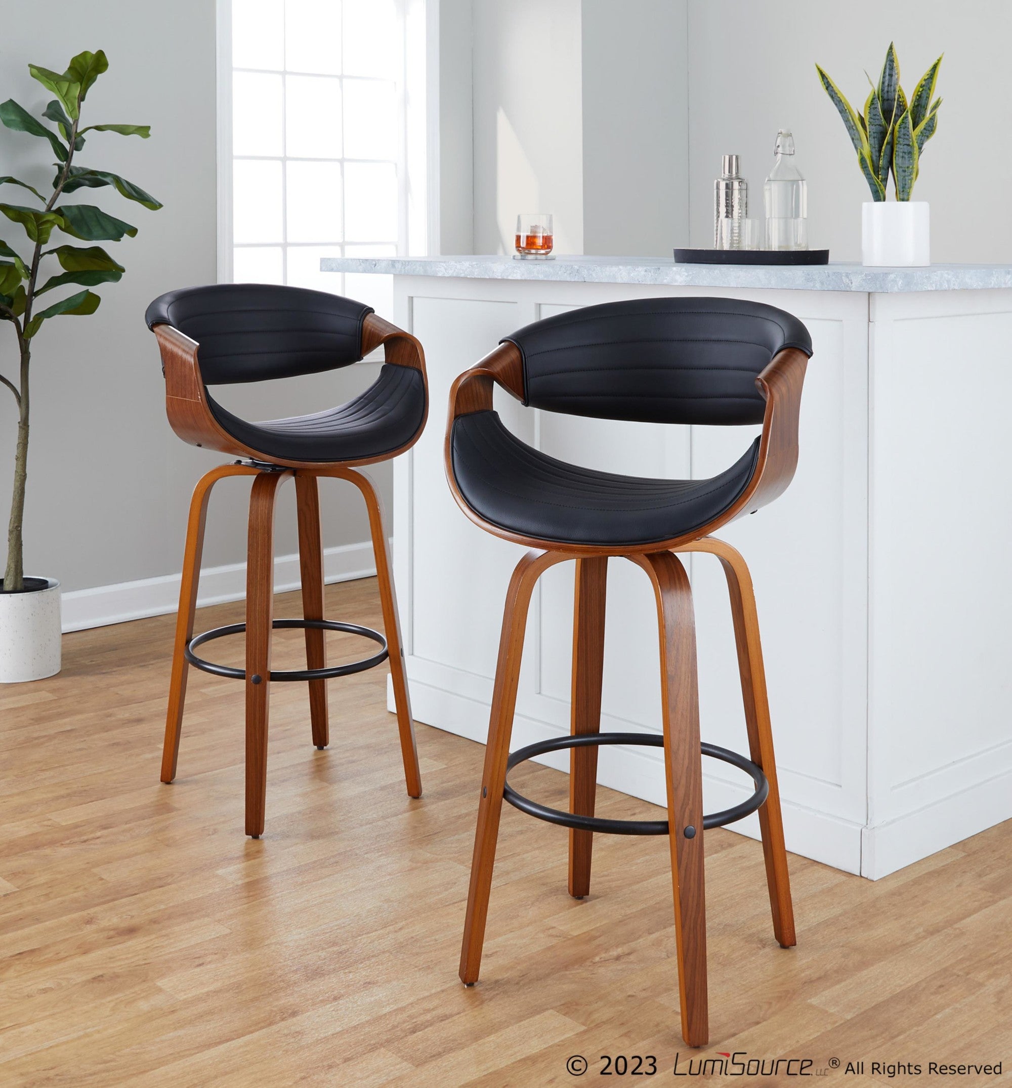 Symphony 30" Fixed-Height Barstool - Set of 2 - Black Metal, Walnut Wood, Black PU