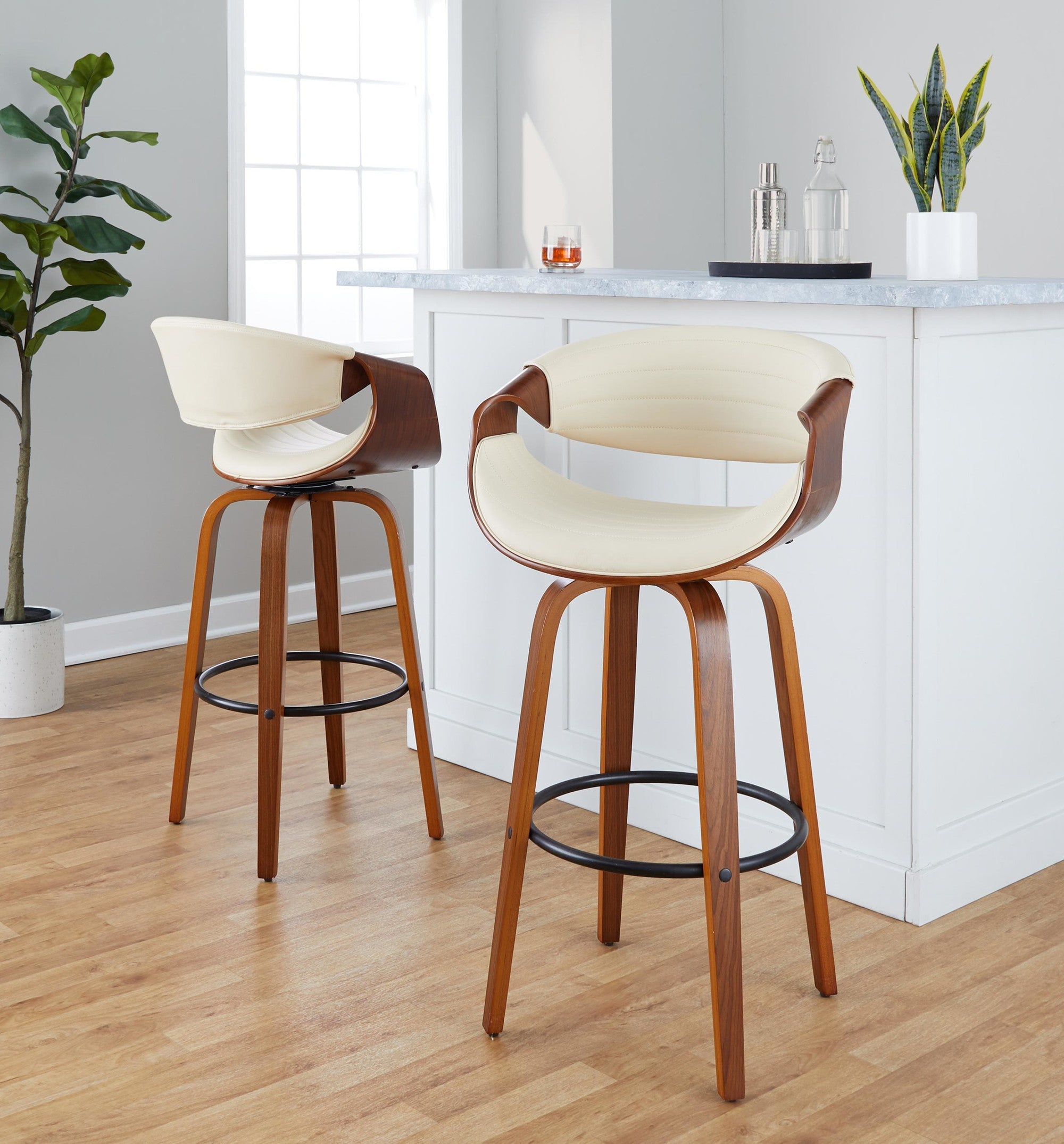 Symphony 30" Fixed-Height Barstool - Set of 2 - Walnut Wood, Black Metal, Cream PU