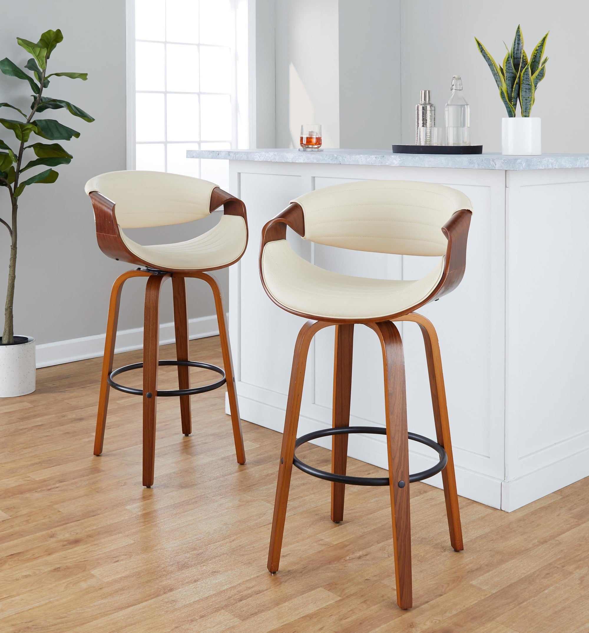 Symphony 30" Fixed-Height Barstool - Set of 2 - Walnut Wood, Black Metal, Cream PU