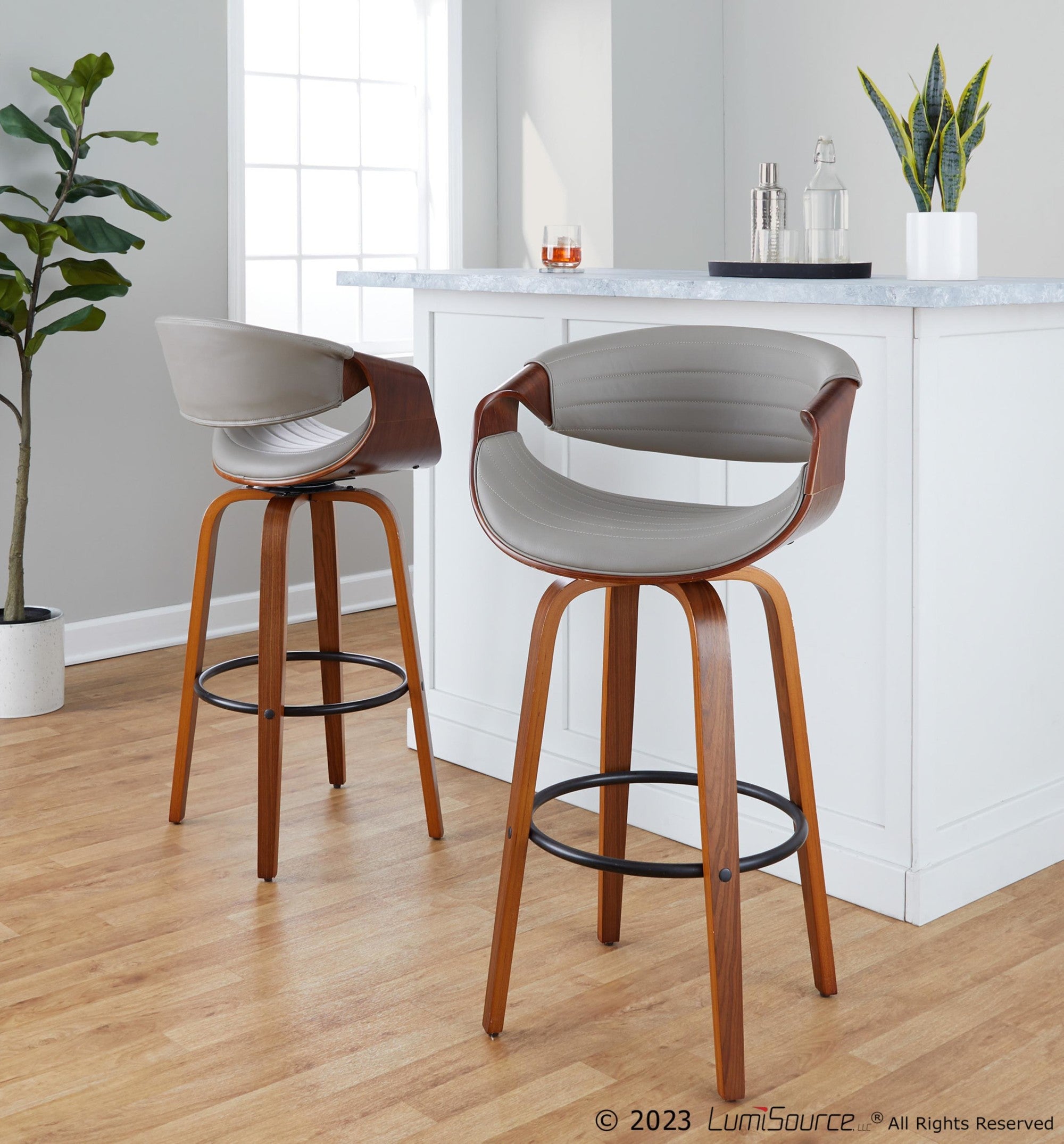 Symphony 30" Fixed-Height Barstool - Set of 2 - Walnut Wood, Black Metal, Pewter Grey PU