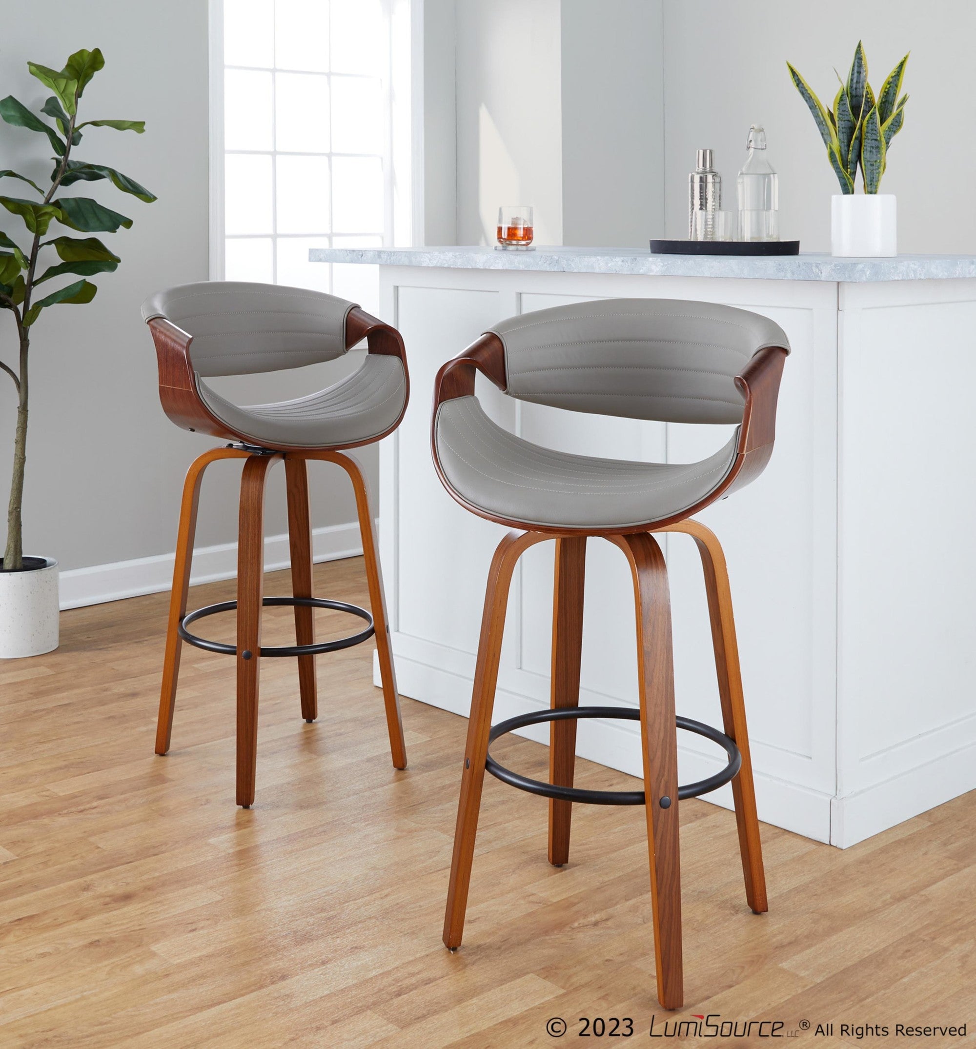Symphony 30" Fixed-Height Barstool - Set of 2 - Walnut Wood, Black Metal, Pewter Grey PU