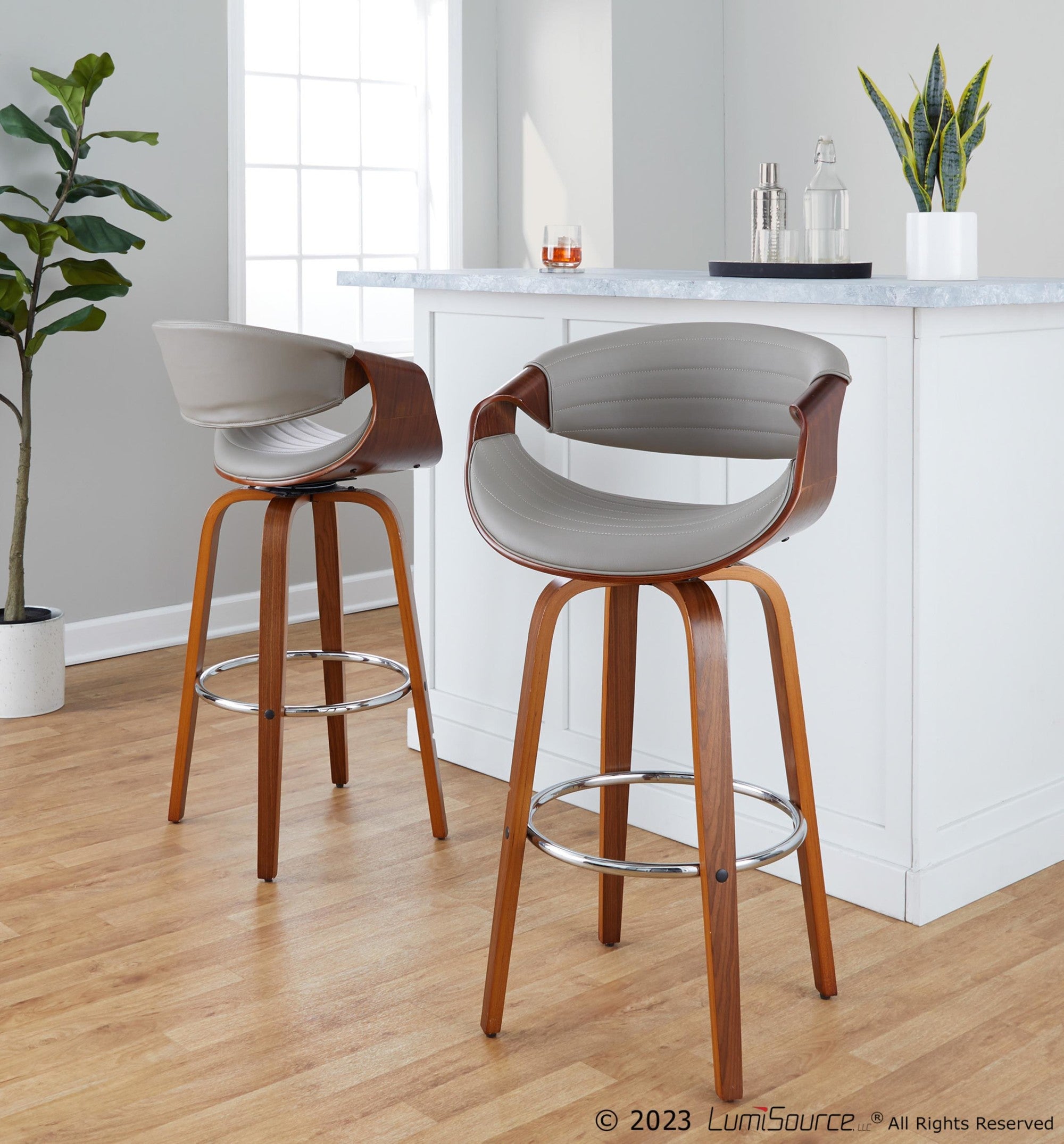 Symphony 30" Fixed-Height Barstool - Set of 2 - Walnut Wood, Chrome Metal, Grey PU