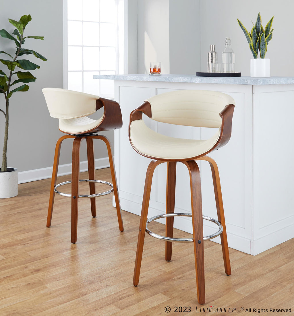 Symphony 30" Fixed-Height Barstool - Set of 2 - Walnut Wood, Chrome Metal, Cream PU