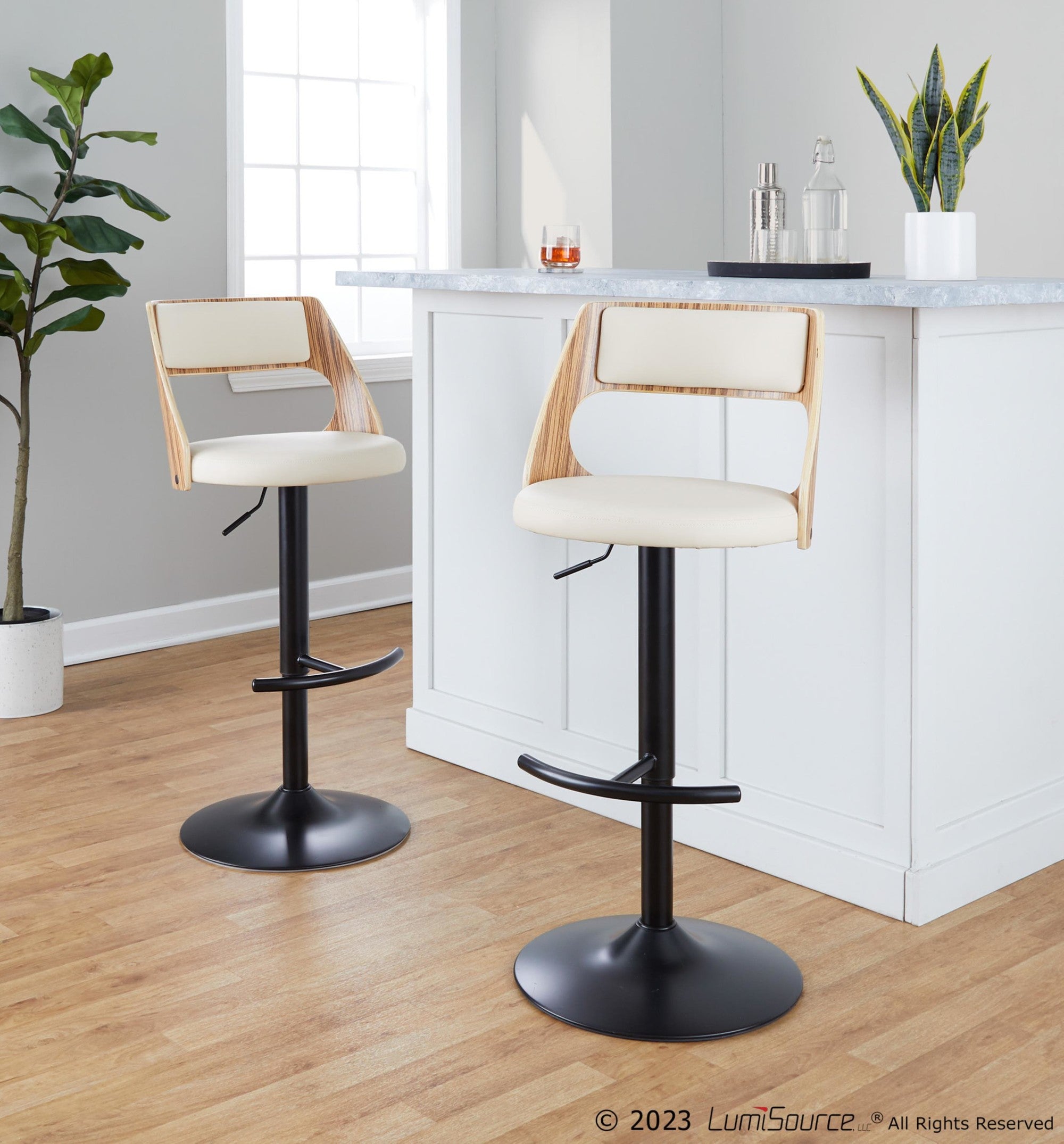 Cecina Adjustable Barstool - Set of 2 - Black Metal, Zebra Wood, Cream PU